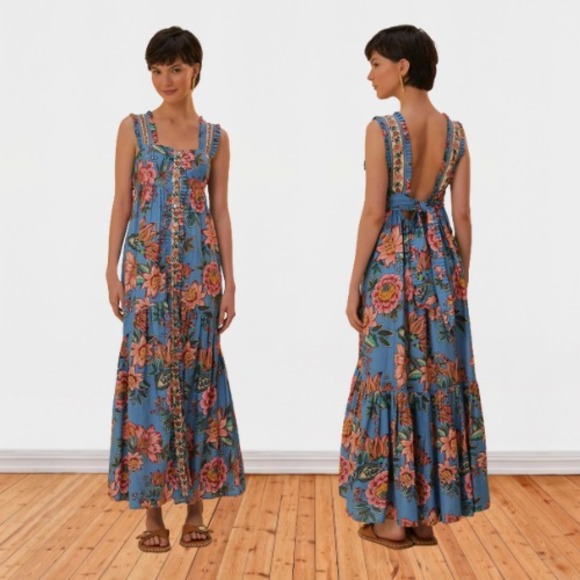 Farm Rio Wonderful Bouquet Blue Sleeveless Maxi Dress Size Small Boho Flowy - Picture 1 of 13